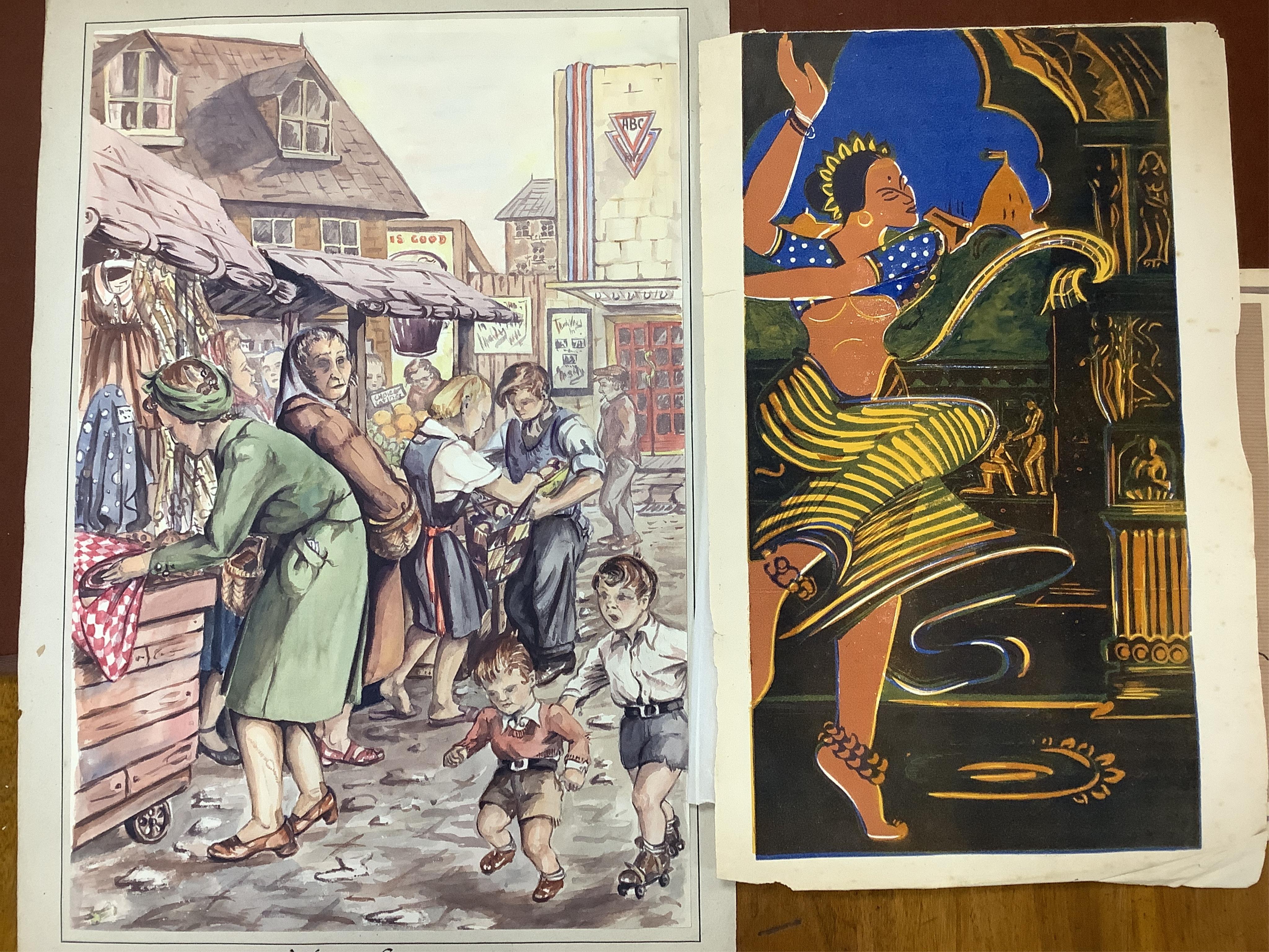 Shirley Curzon (nee Soar), folio of works, including oils on unmounted canvas, watercolours on paper and linocuts